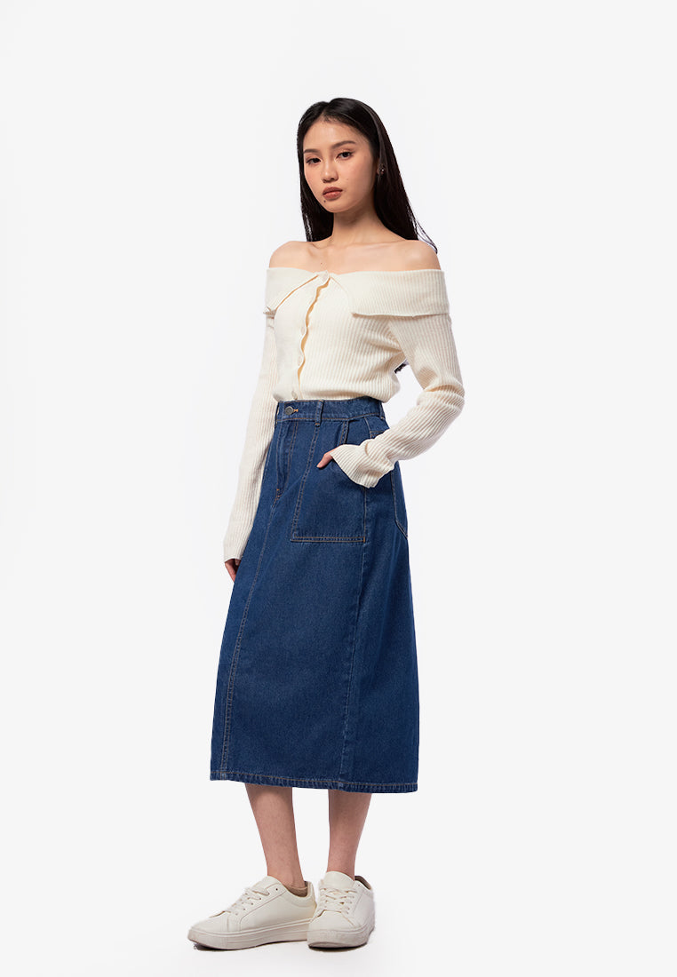 Denim Midi Skirt with Slit Details Med Blue
