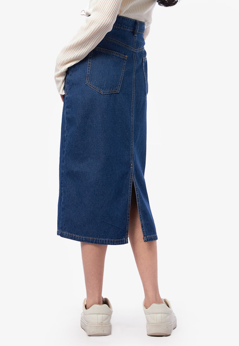 Denim Midi Skirt with Slit Details Med Blue