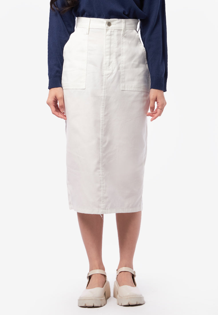Denim Midi Skirt with Slit Details Off White
