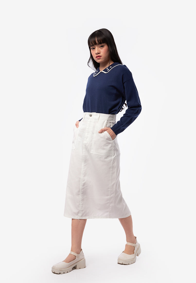 Denim Midi Skirt with Slit Details Off White