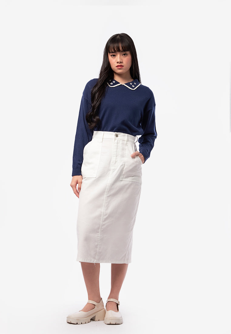 Denim Midi Skirt with Slit Details Off White