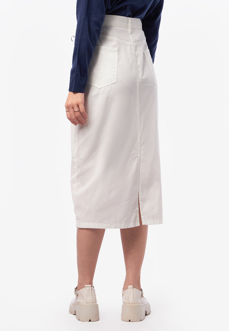Denim Midi Skirt with Slit Details Off White