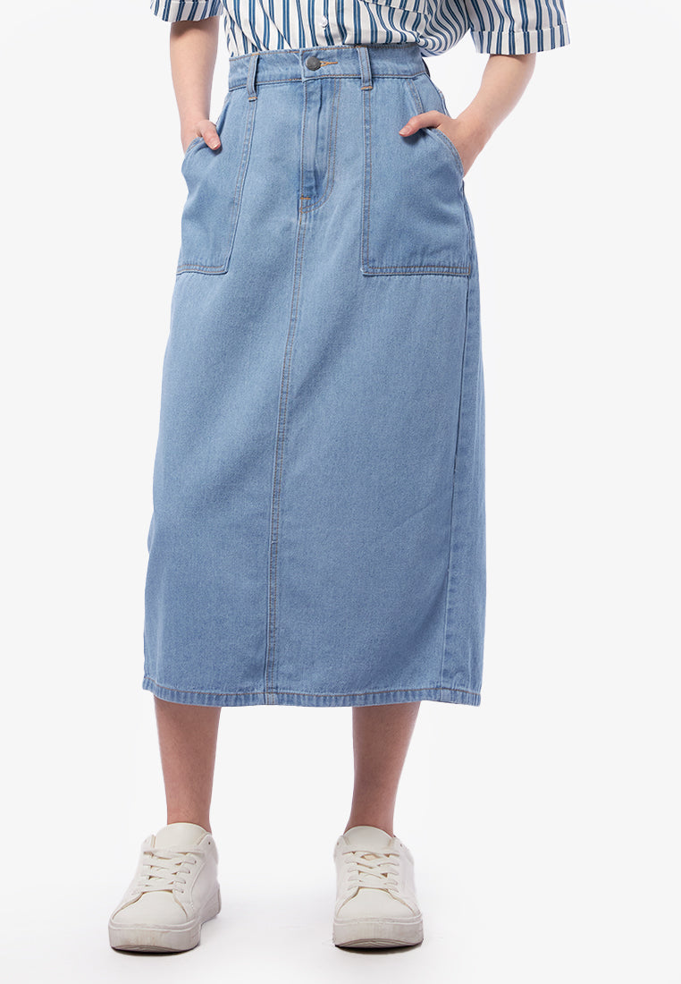 Denim Midi Skirt with Slit Details L.Blue