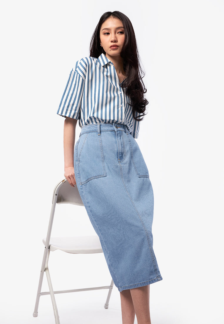 Denim Midi Skirt with Slit Details L.Blue
