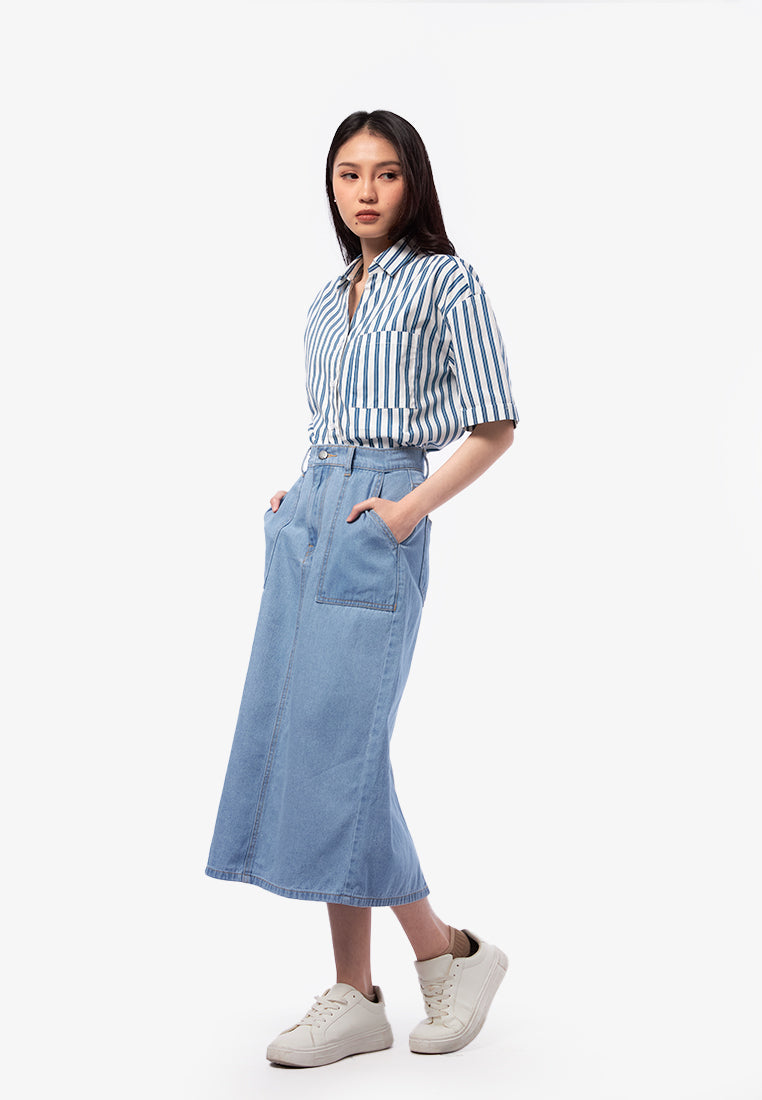 Denim Midi Skirt with Slit Details L.Blue