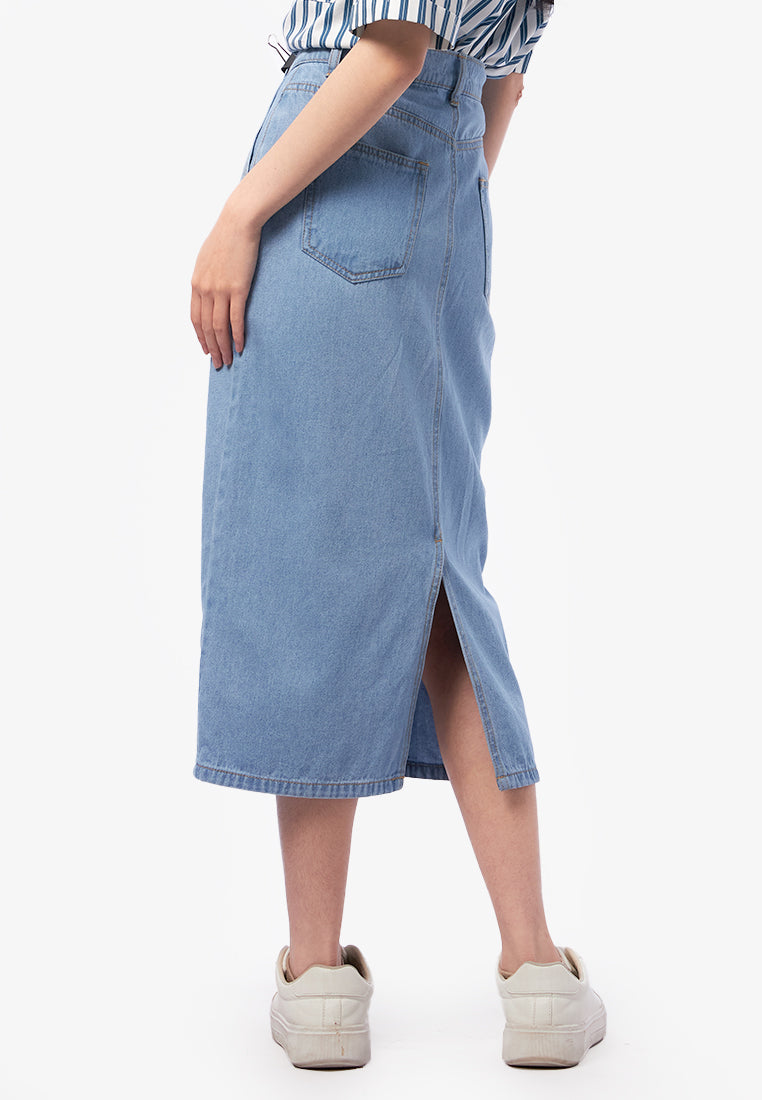 Denim Midi Skirt with Slit Details L.Blue