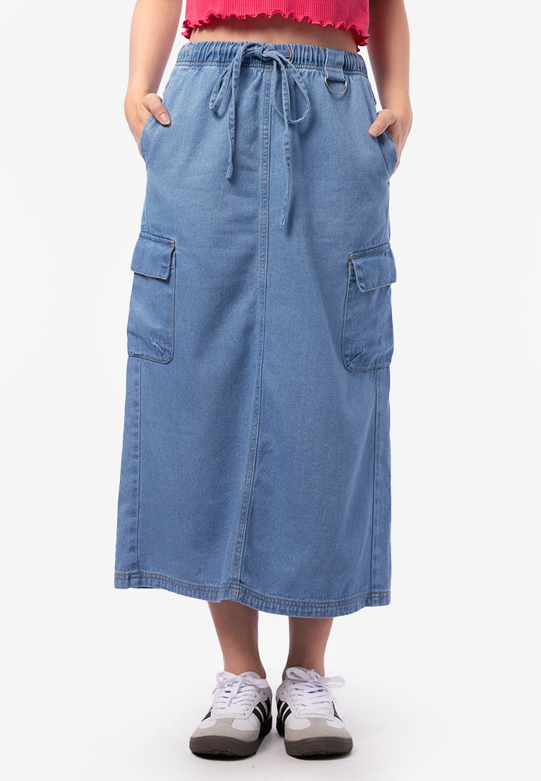 Elastic Denim Midi Skirt