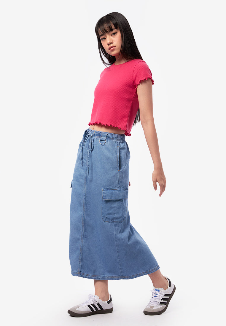 Elastic Denim Midi Skirt
