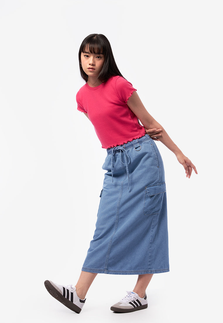 Elastic Denim Midi Skirt