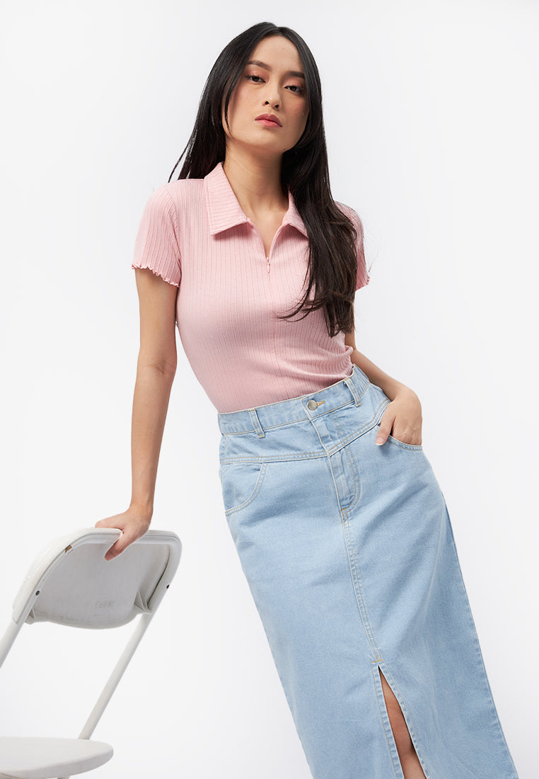 Front Slit Midi Denim Skirt L.Blue