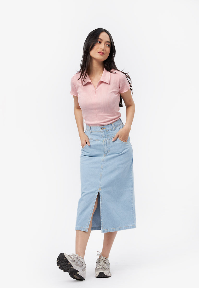 Front Slit Midi Denim Skirt L.Blue