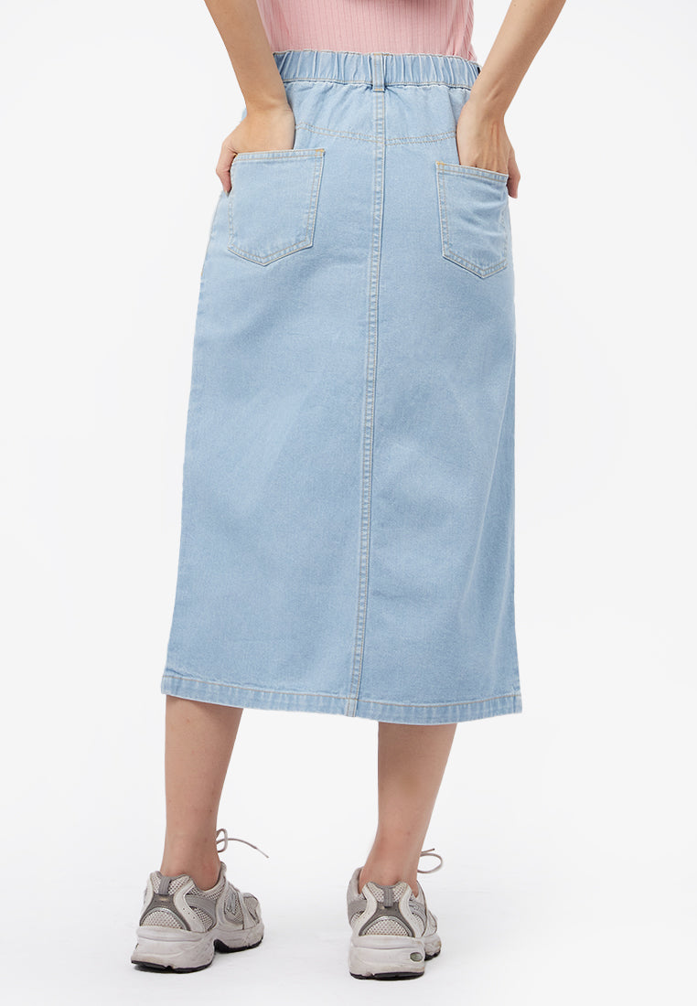 Front Slit Midi Denim Skirt L.Blue