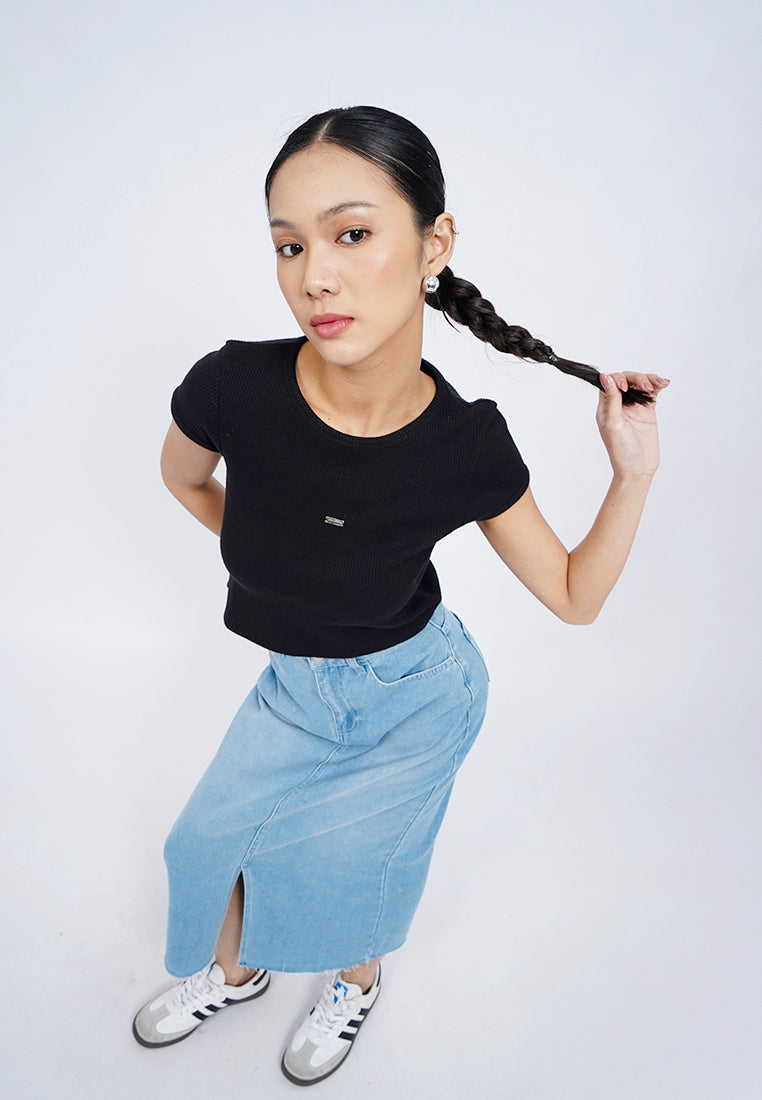 Front Slit Denim Midi Skirt