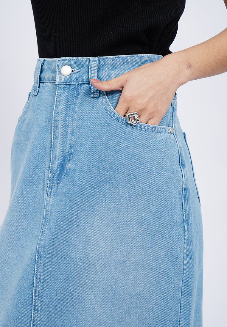 Front Slit Denim Midi Skirt