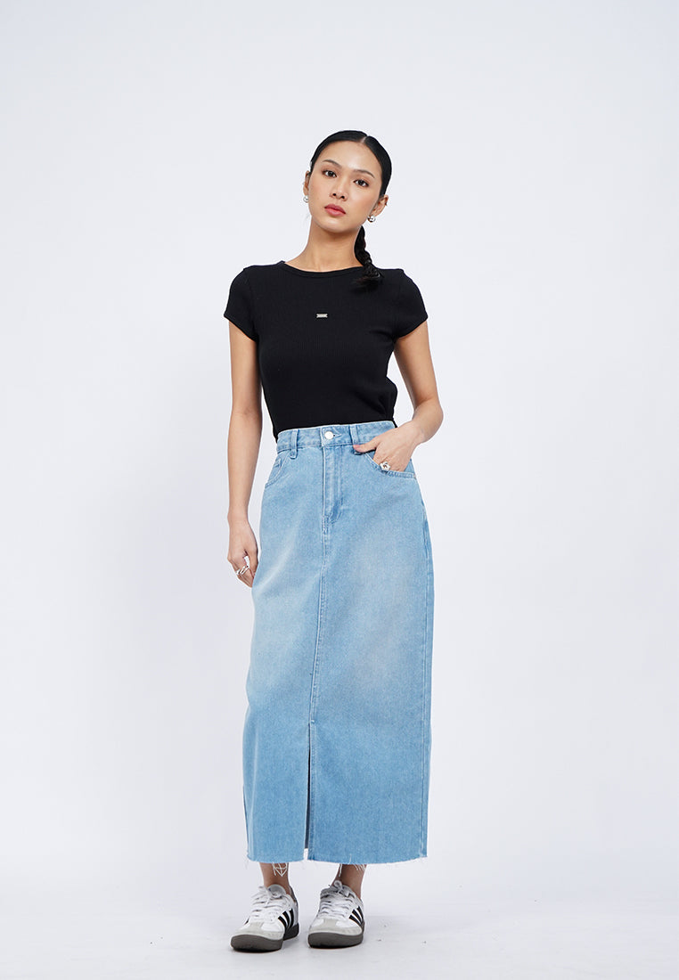 Front Slit Denim Midi Skirt