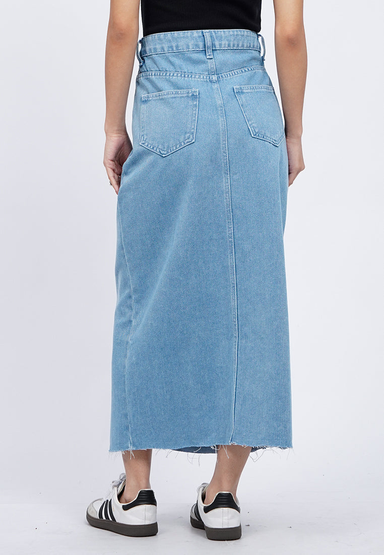 Front Slit Denim Midi Skirt