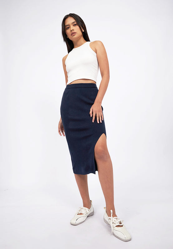 Front Slit Knit Midi Skirt
