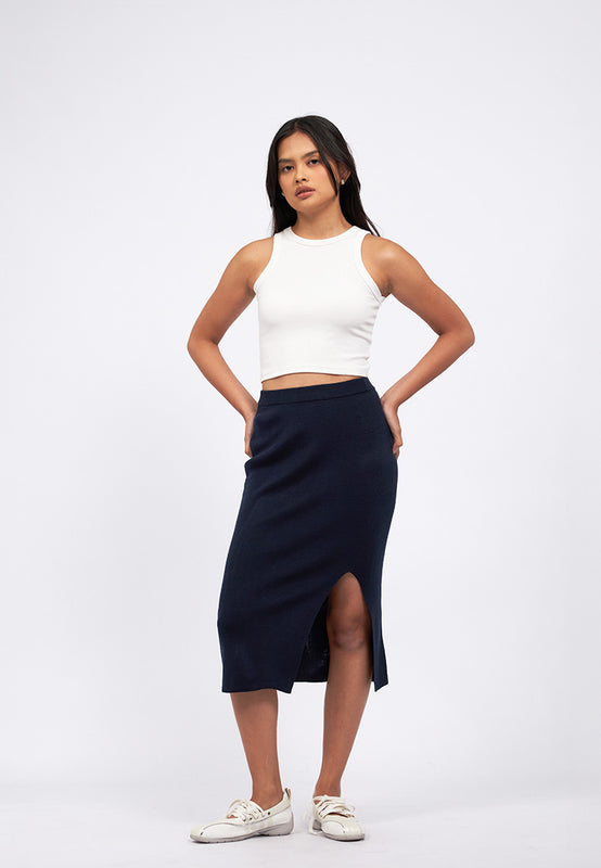 Front Slit Knit Midi Skirt