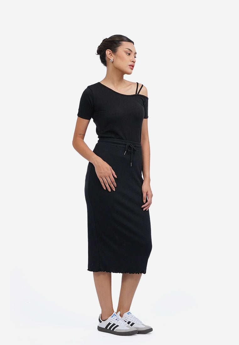 Lettuce Midi Skirt with Slit Black
