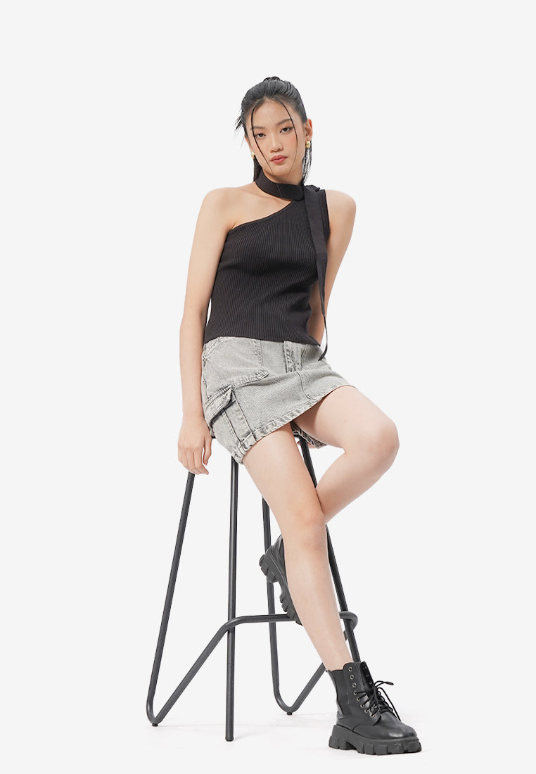 Denim Cargo Mini Skirt Grey