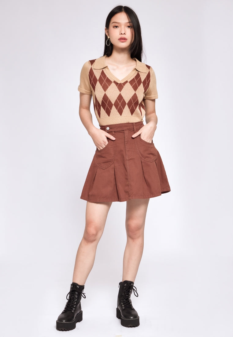 Denim Pleated Skirt with Patch Pocket