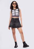 Pleated Mini Denim Skirt