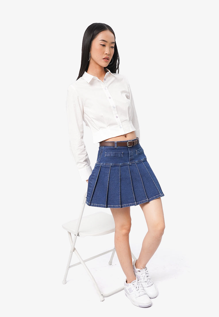 Pleated Denim Skirt with Belt