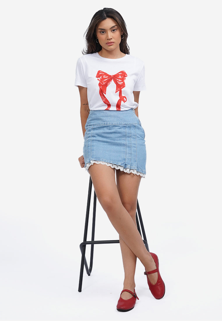 Lace Trim Denim Mini Skirt