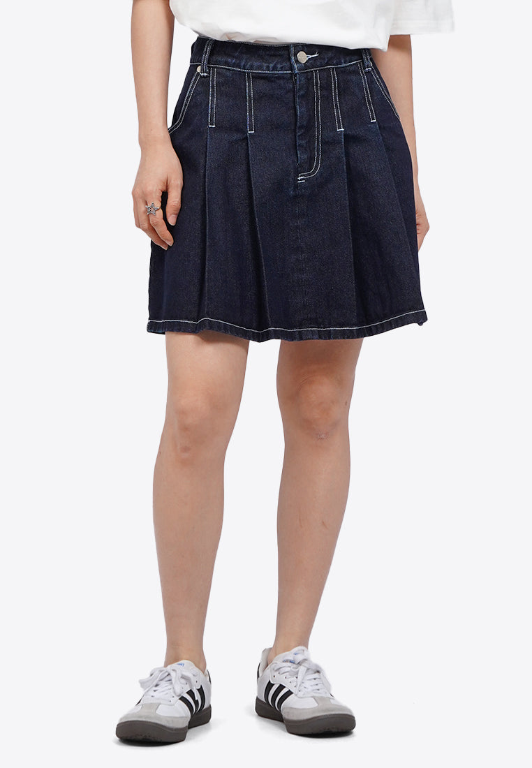 Pleated Denim Mini Skirt