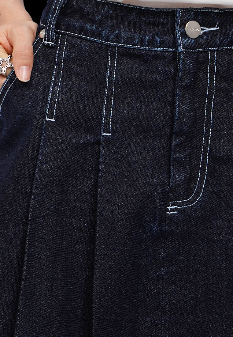 Pleated Denim Mini Skirt