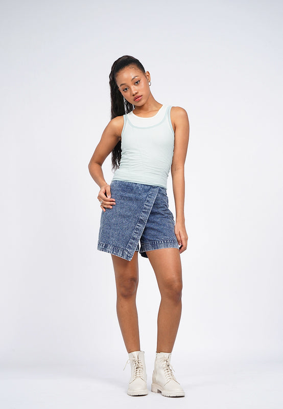 Front Wrap Denim Mini Skort