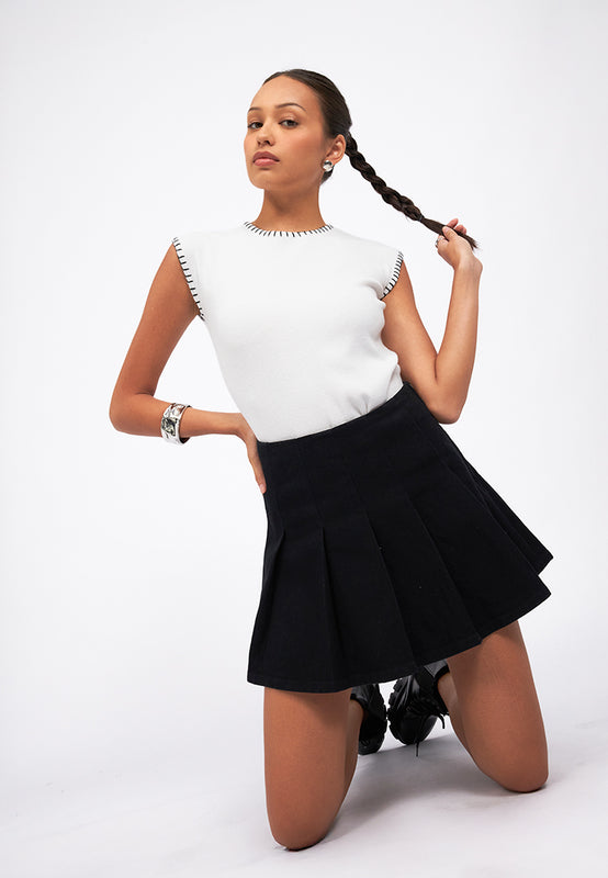 Pleated Mini Denim Skirt