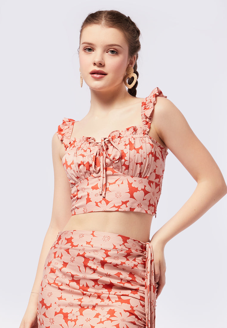 Drawstring Shirred Ruffle Trim Top