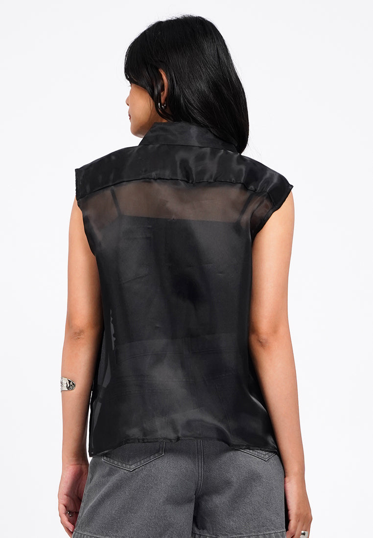 Sleeveless Collared Sheer Shirt