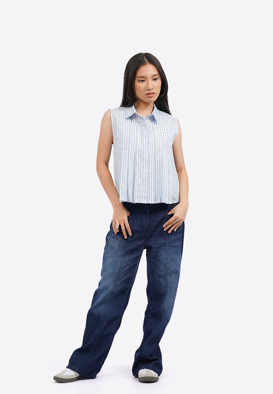 Pleated Stripes Sleeveless Blouse