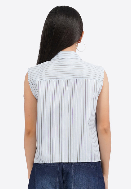 Pleated Stripes Sleeveless Blouse