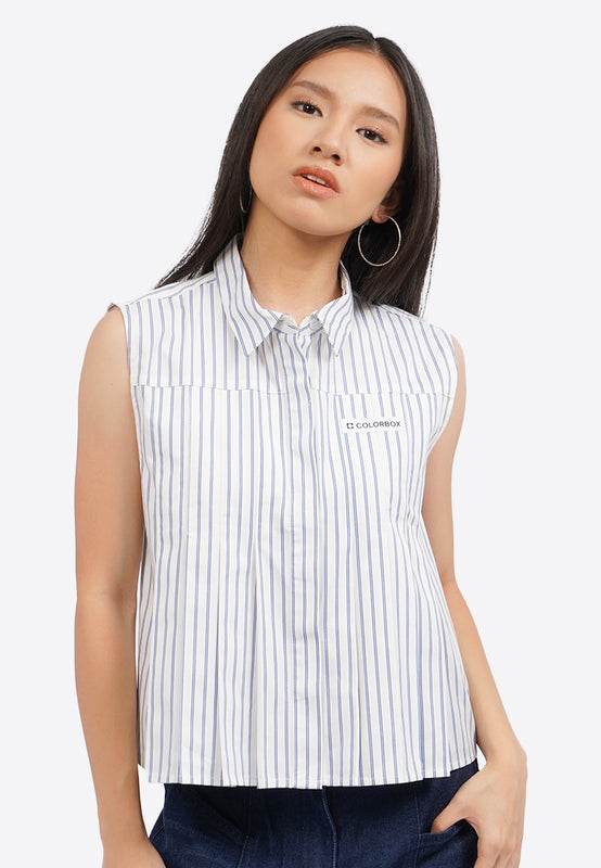 Pleated Stripes Sleeveless Blouse