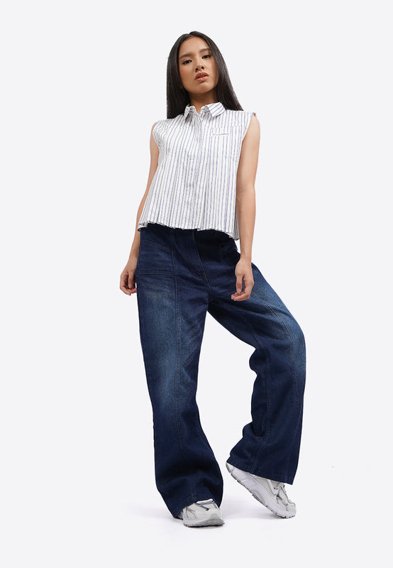 Pleated Stripes Sleeveless Blouse