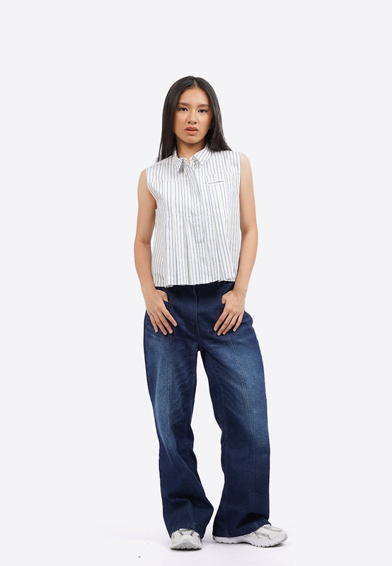Pleated Stripes Sleeveless Blouse