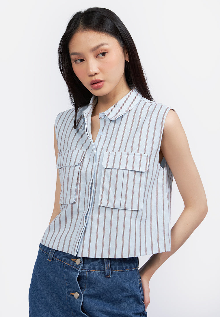 Double Pocket Crop Vest L.Blue