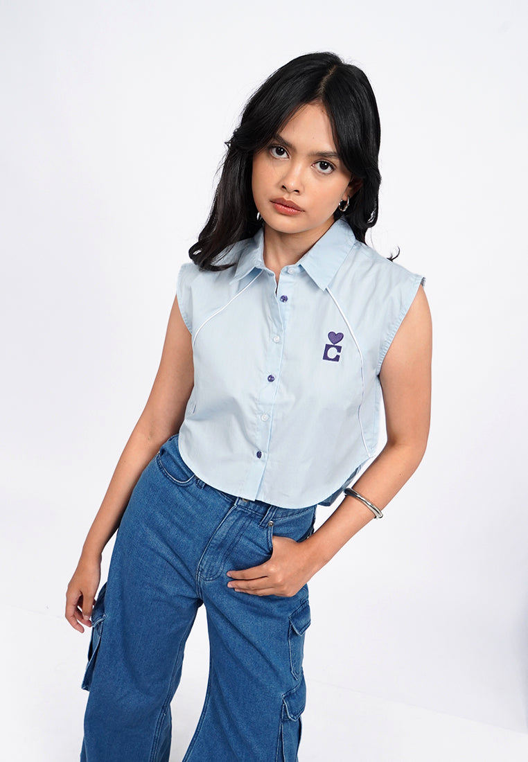 Sleeveless Button Up Crop Shirt