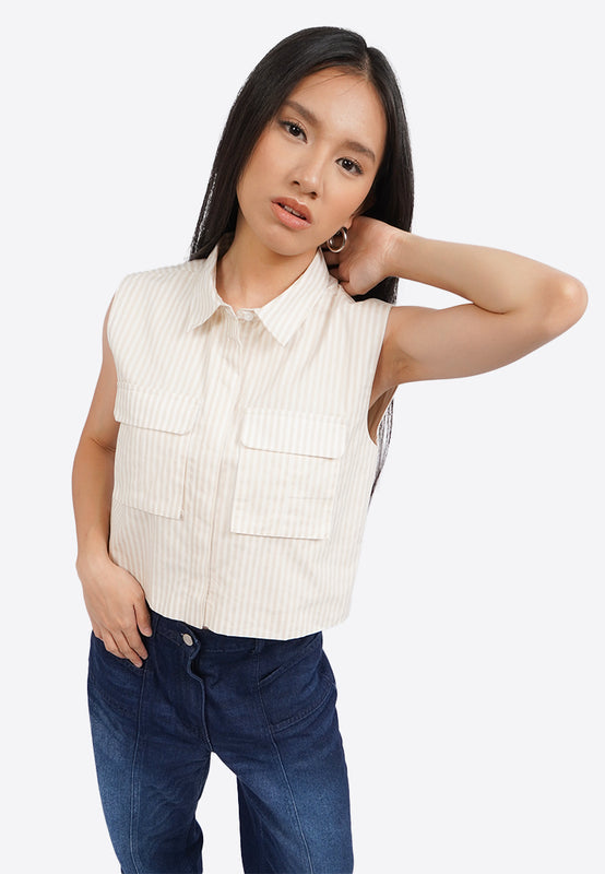 Sleeveless Stripes Blouse with Pocket
