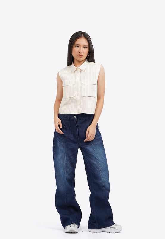 Sleeveless Stripes Blouse with Pocket