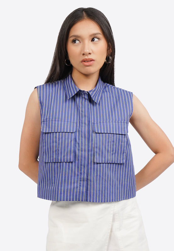 Sleeveless Stripes Blouse with Pocket