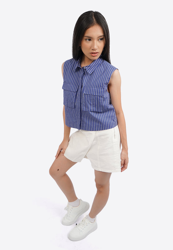 Sleeveless Stripes Blouse with Pocket
