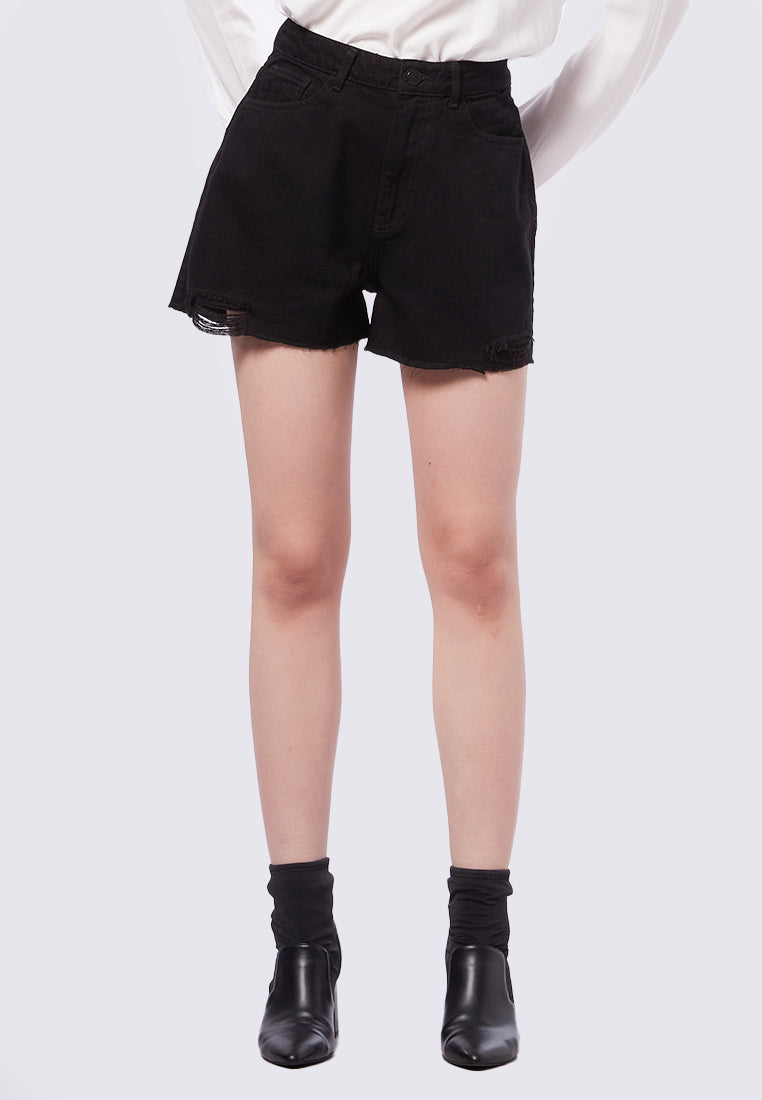 Ripped Hem High Waist Denim Shorts