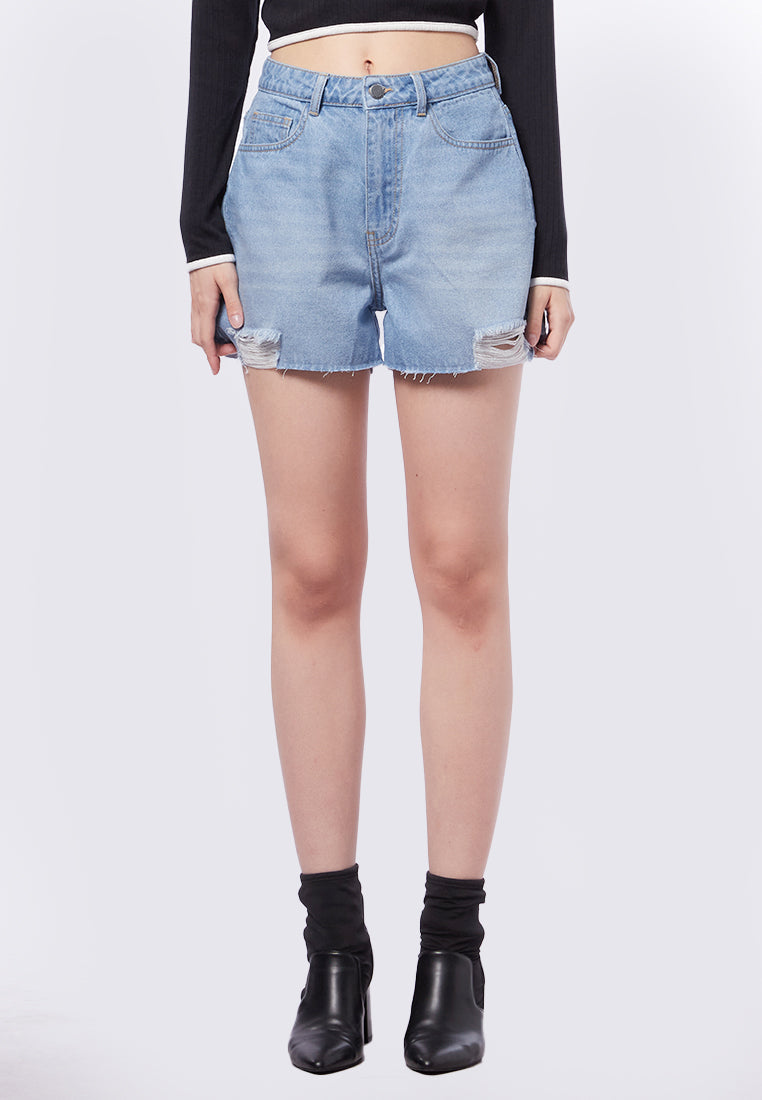 Ripped Hem High Waist Denim Shorts