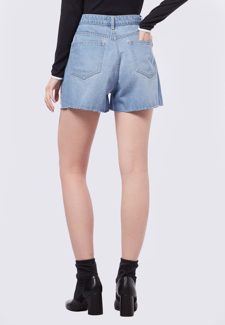 Ripped Hem High Waist Denim Shorts