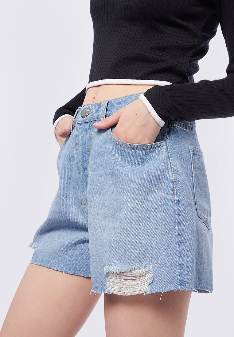 Ripped Hem High Waist Denim Shorts