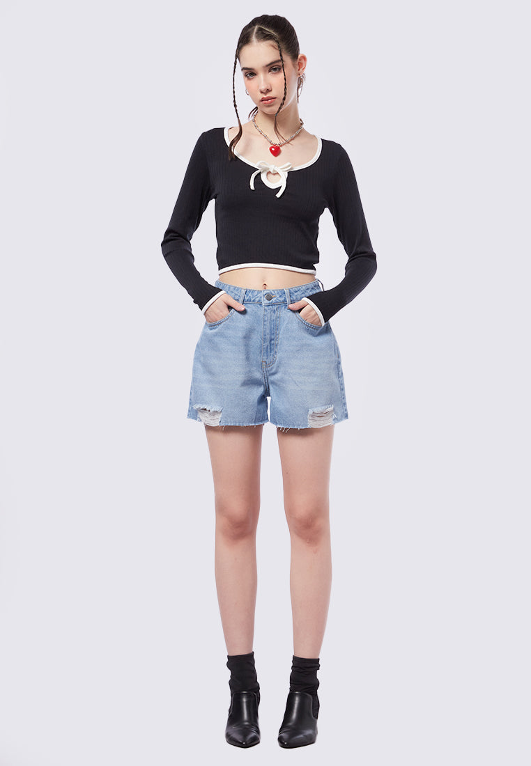 Ripped Hem High Waist Denim Shorts
